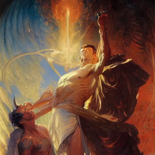 Image similar to attractive male deity casts light spell, summons attractive male lucifer morningstar. highly detailed painting by gaston bussiere, craig mullins, j. c. leyendecker 8 k