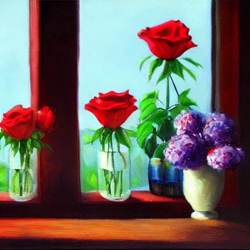 Image similar to A painting of a windowsill with two vases, one containing a red rose and the other containing a blue violet. The natural light from the window would be shining in on the scene. Trending on artstation