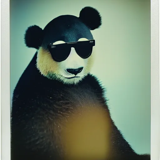 Image similar to grainy head to shoulder portrait polaroid film photograph of a panda in a mall wearing aviator shades. super resolution. surreal. extremely detailed. polaroid 6 0 0 film. by annie leibovitz and richard avedon