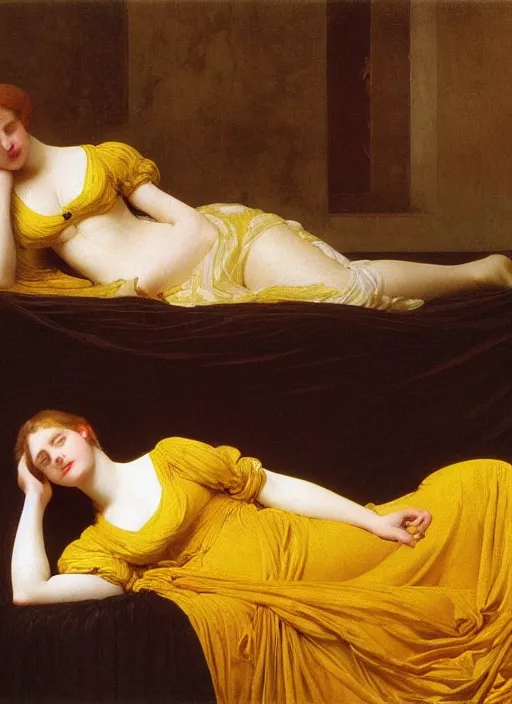 Image similar to masterpiece portrait of lady reclining on bed wearing yellow ochre ornate medieval dress, foreshortening, colour photography by frederic leighton, william morris, 8 k