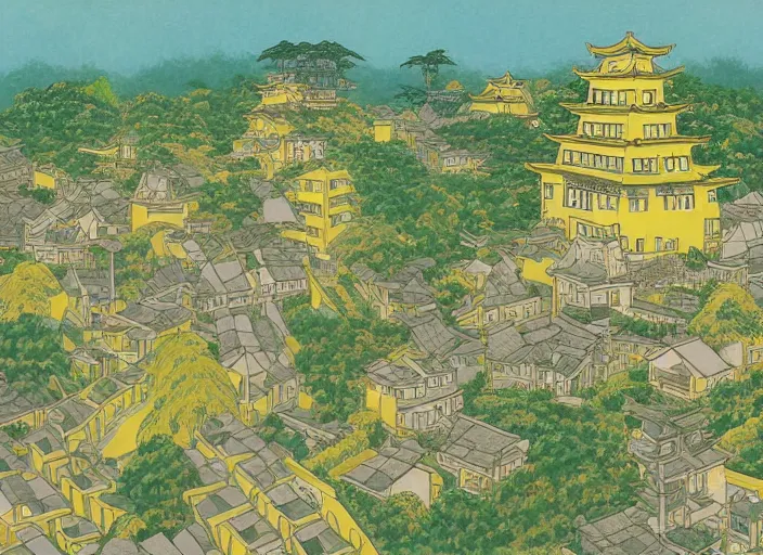 Image similar to japanese yellow fortress in a city inside the bamboo forest by studio ghibli painting