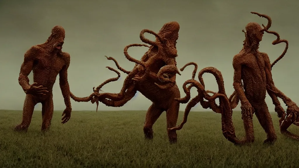 Image similar to the strange creature, made of milk and wax, they fight me, film still from the movie directed by denis villeneuve and david cronenberg with art direction by salvador dali and zdzisław beksinski, wide lens