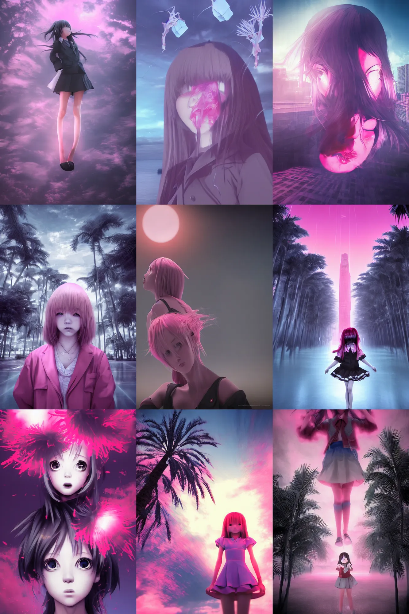 Prompt: 3d realistic dramatic infrared portrait photo in the style of dark anime two anime schoolgirls with a realistic face falling down from huge japanese skyscraper at night. There are pink palm trees and translucent glow jellyfish around. Volumetric composition. Pastel colors in the style of Hiro Kiyohara, redshift, octane, trend artstation, cinematic, hyper realism, high detail, 8k, 3d, polaroid, scary