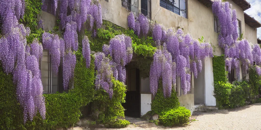 Image similar to photo of a house with wisteria flowers, wallpaper, arhitectural shot, national geographic, award arhitectural photography, professional arhitectural photography, sunny, day time, beautiful, warm light, fernando guerra, tekla evelina severin, karen vikke