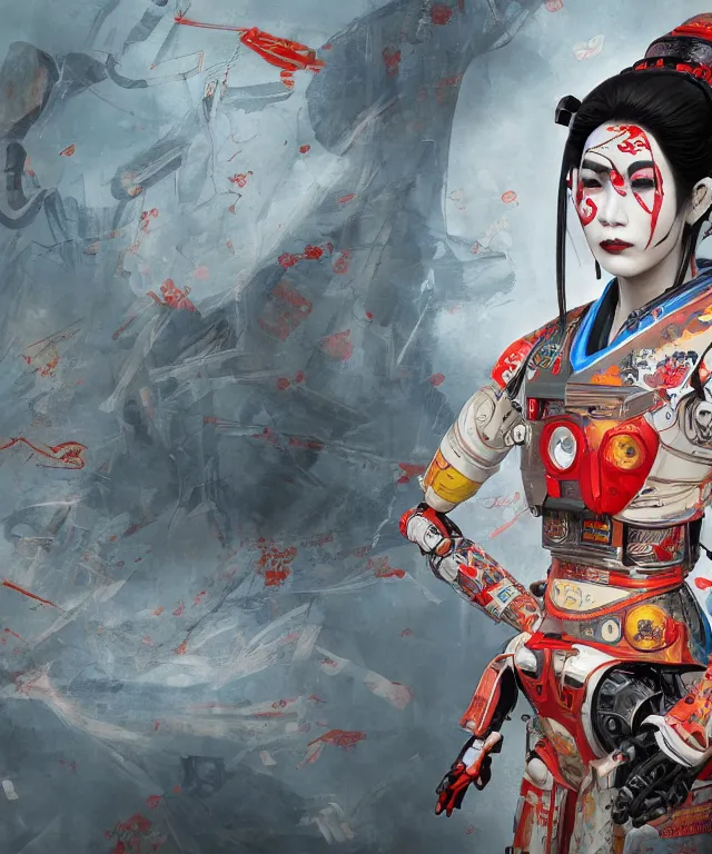 Image similar to an epic fantastic realism comic book style portrait painting of a japanese robotic geisha with kanji tattoos and decals, apex legends, octane render, intricate detail, 4 k hd, unreal engine 5