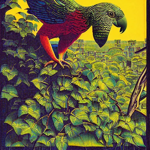 Image similar to impressionist synthwave ancient city angle parrot ivy woodcut nut , by Joe Jusko and Jakub Rozalski and Moosa Al Halyan , surrealist , abstract , tarot card