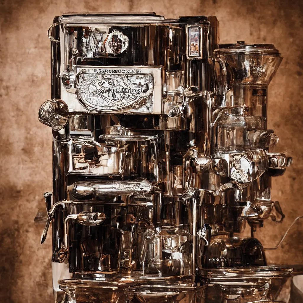 Prompt: wide angle photography of a historic coffee machine, by simon stalenhaag, by louis daquerre, product photography, small depth of field, fresh colors, 4k, highly detailed, trending on artstation