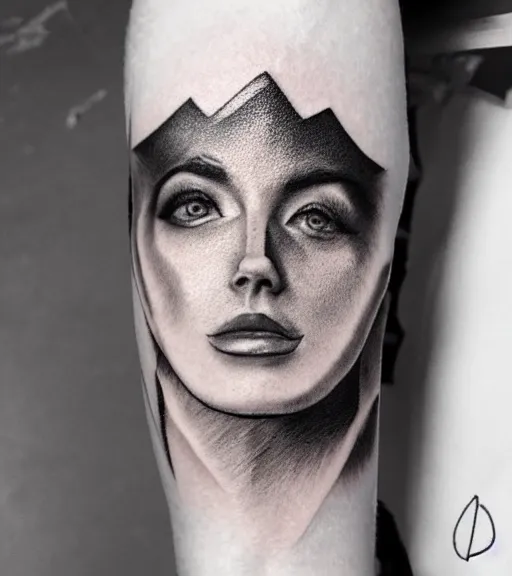 Image similar to fade of a hyper realistic mountain scenery with a beautiful woman face, tattoo design sketch, in the style of matteo pasqualin, hyper - realistic, amazing detail, black and white