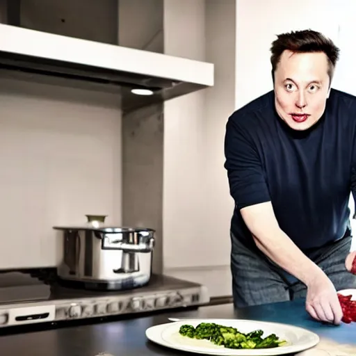 Image similar to picture of elon musk with blue eyes watching tv while cooking a meal, good lighted photo, sharp details, detailed, hd, hdr