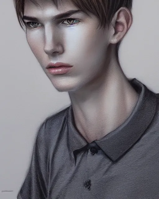 Image similar to portrait of 1 5 - year - old boy, a tall, slender boy with a pale, pointed face, sleek blond hair, and ice grey eyes, wearing in shirt, hyper realistic face, beautiful eyes, character art, art by mark brooks, art by artgerm and greg rutkowski trending on artstation, digital art
