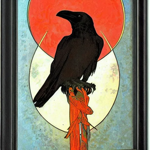 Prompt: a black raven in front of the red moon by alphonse mucha