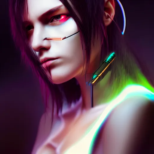 Prompt: realistic detailed portrait of Cyberpunk woman, portrait, long dark hair, Cyberpunk, Sci-Fi, science fantasy, glowing skin, full body, beautiful girl, extremely detailed, sharp focus, model