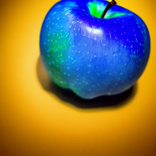 Image similar to professional photo of an apple that is blue, with a glowing gold aura around it, highly detailed, extremely high quality, hd, 4 k, 8 k, professional photographer, 4 0 mp, canon 3 0 0 mm, lifelike, top - rated, award winning, realistic, detailed lighting, detailed shadows, sharp, no blur, edited, corrected, trending