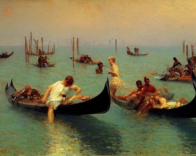 Image similar to dolphins swimming and jumping in venice, painting by gaston bussiere, craig mullins