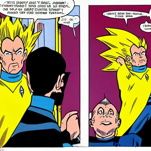 Image similar to star trek captain spock going super saiyan in the comic book archie bunker, r. crumb