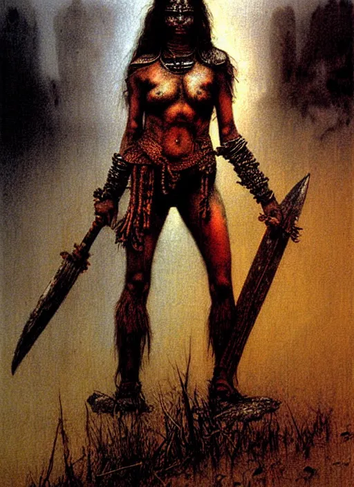 Image similar to barbarian warrior girl in tribal painting by Beksinski and Luis Royo