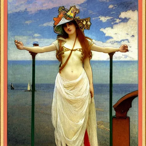 Image similar to A girl with jester hat and clothes on a greek archi circle on the front of a Balustrade with a beach and a sail boat on the background, major arcana cards, by alphonse mucha and arnold böcklin arnold böcklin arnold böcklin, paul delaroche, hyperrealistic 8k, very detailed