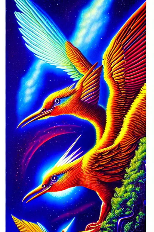 Prompt: a photorealistic detailed image of a beautiful vibrant iridescent legendary bird, future for human evolution, spiritual science, divinity, utopian, by david a. hardy, kinkade, lisa frank, wpa, public works mural, socialist