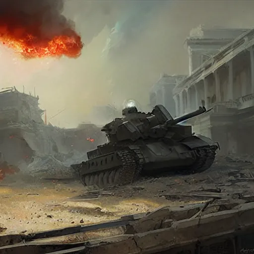 Image similar to Tank battle in the White house, amid destruction and fire by Greg Rutkowski