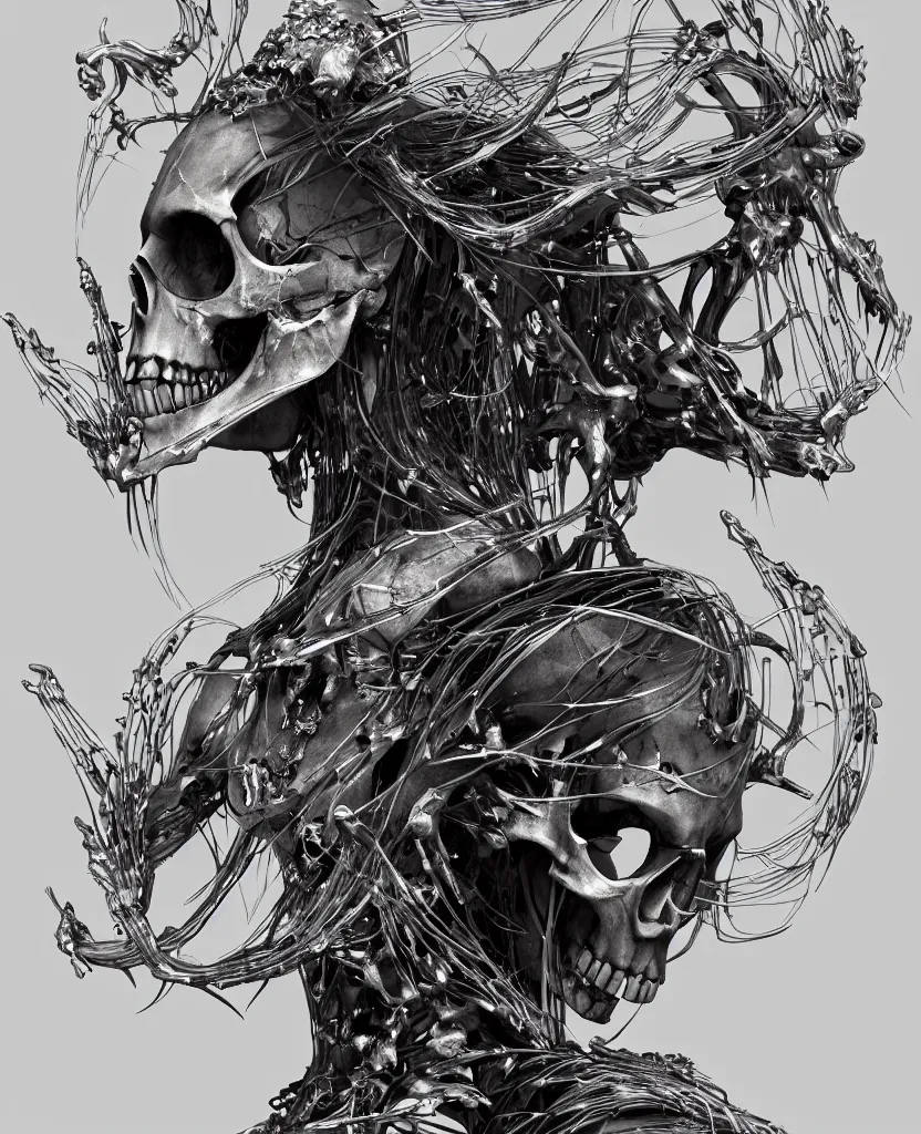 Image similar to close-up macro portrait of the face of a beautiful princess with animal skull mask, epic angle and pose ribcage skeleton, symmetrical artwork, 3d with depth of field, blurred background, cybernetic jellyfish female face skull phoenix bird, translucent, nautilus, energy flows of water and fire. a highly detailed epic cinematic concept art CG render. made in Maya, Blender and Photoshop, octane render, excellent composition, cinematic dystopian brutalist atmosphere, dynamic dramatic cinematic lighting, aesthetic, very inspirational, arthouse. y Greg Rutkowski, Ilya Kuvshinov, WLOP, Stanley Artgerm Lau, Ruan Jia and Fenghua Zhong