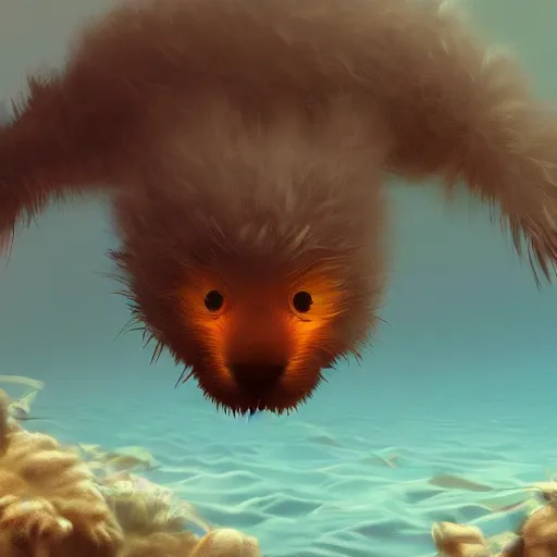 Image similar to a fuzzy creature swimming under the ocean, digital art, trending on artstation