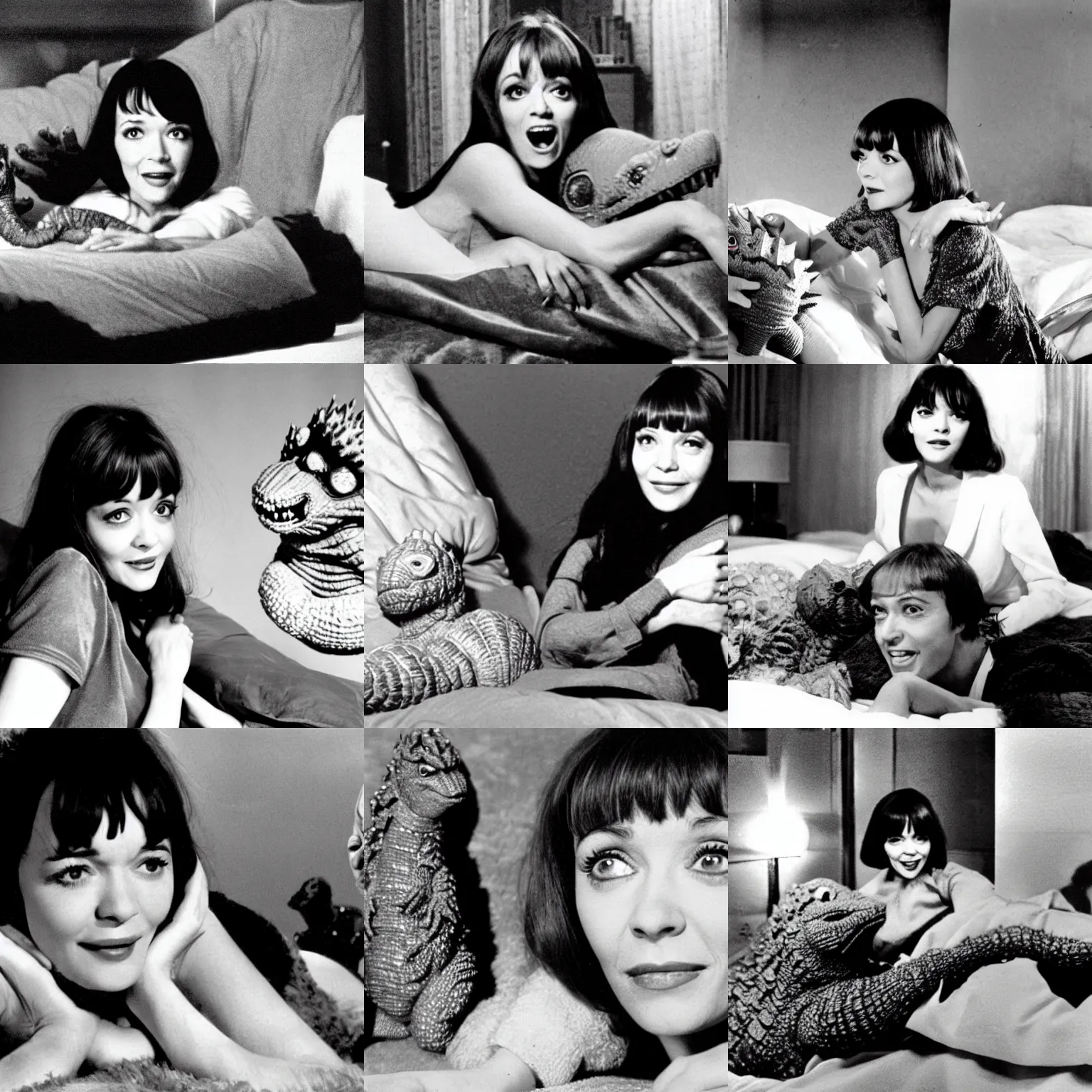 Prompt: anna karina in a bed with godzilla. godzilla is a big monster with scales