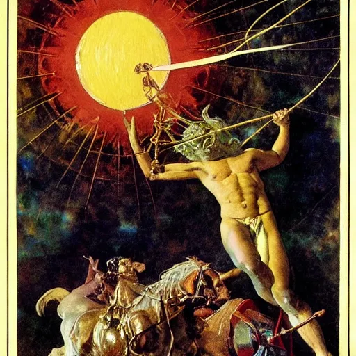 Image similar to Tragic Portrait of Phaethon the Demigod losing control of the reins of the chariot chariot that is the sun careening through the zodiac filled stratosphere. norman rockwell guillem h. poniluppi howard pyle Ilya Repin Michelangelo Buonarotti Leonardo Da Vinci rodin greg rutkowski james gurney. tombow masterpiece fresco watercolor grisaille quadratura Trompe-lœil