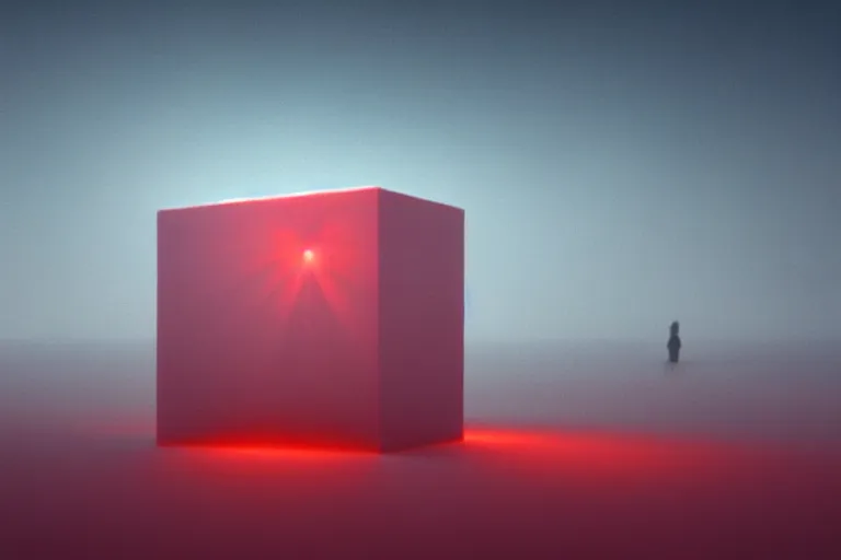 Image similar to a hd render of a surreal frozen landscape, cinematic lighting, by beeple and zdzisław beksinski, red cube of light