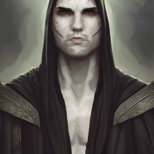 Prompt: male rogue in black robes, pale white skin, standing alone on a ship, fantasy, D&D, portrait, piercing stare, highly detailed, digital painting, HD, artstation, concept art, matte, sharp focus, illustration, art by artgerm and greg rutkowski