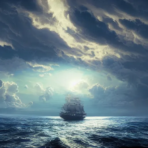 Prompt: clouds made out of the universe with luminous skies and a ship sailing in the distance, fitz henry lane, painting, octane render, 8 k uhd detailed