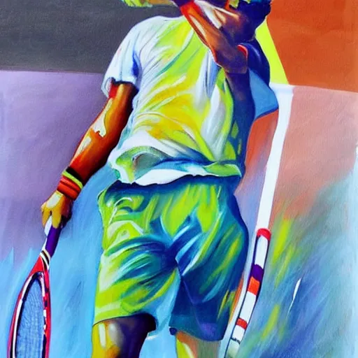 Prompt: a painting on a stand of tennis player nadal