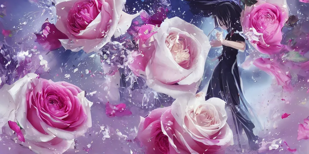 Image similar to magic invisible blade slicing through a bouquet of white and pink roses, flowers exploding and spraying and splattering, big puffy clouds, exploding roses, large rose petals, lotus petals, large polygonal background elements, large polygons, dramatic anime, dramatic radiant lighting, artgerm, manga, trending on artstation, art nouveau, mature colors