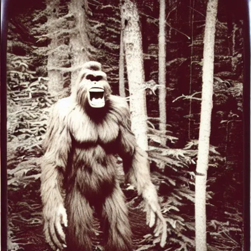 Image similar to 80s polaroid photo of bigfoot in the woods, candid flash photography