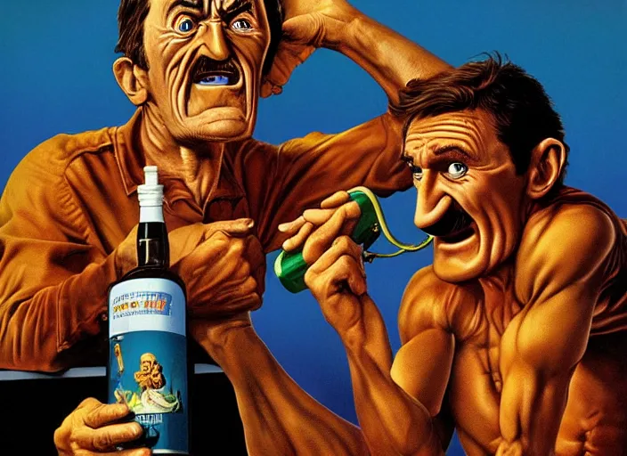 Image similar to barry chuckle chugging a bottle of snake oil, artwork by richard corben, 3 d, high resolution 8 k