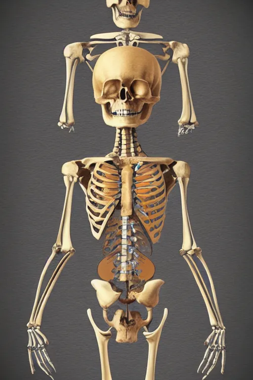 Image similar to anatomical encyclopedia illustration of a human skeleton, photorealistic, diagram, intricate details