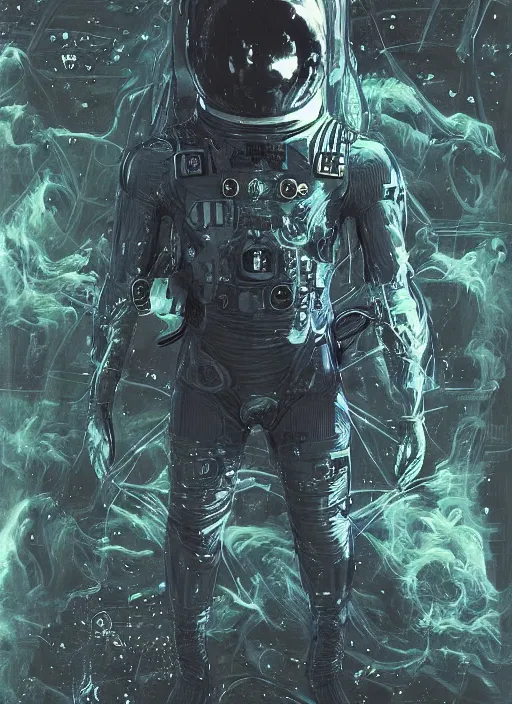 Image similar to astronaut in dark void underwater - complex and hyperdetailed technical suit design. reflection and dispersion materials. rays and dispersion of light. volumetric light. f / 3 2. noise film photo. flash photography. ultra realistic, 5 0 mm. poster by wayne barlowe, hajime sorayama aaron horkey, craig mullins