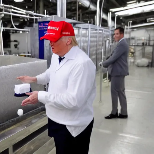 Prompt: donald trump inspecting quality of soap in a soap factory