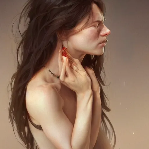 Image similar to a beautiful crying woman showing pain and remorse, highly detailed, digital painting, artstation, concept art, smooth, sharp, focus, illustration, art by artgerm and greg rutkowski and alphonse mucha
