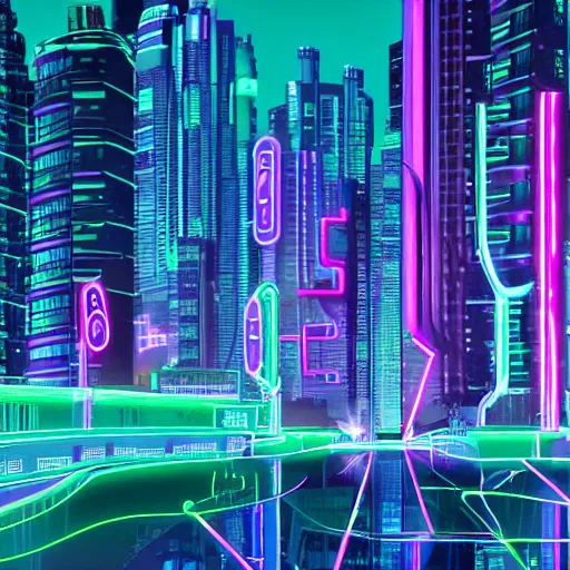 Image similar to cyberpunk city, aqua, green, and purple neon lighting