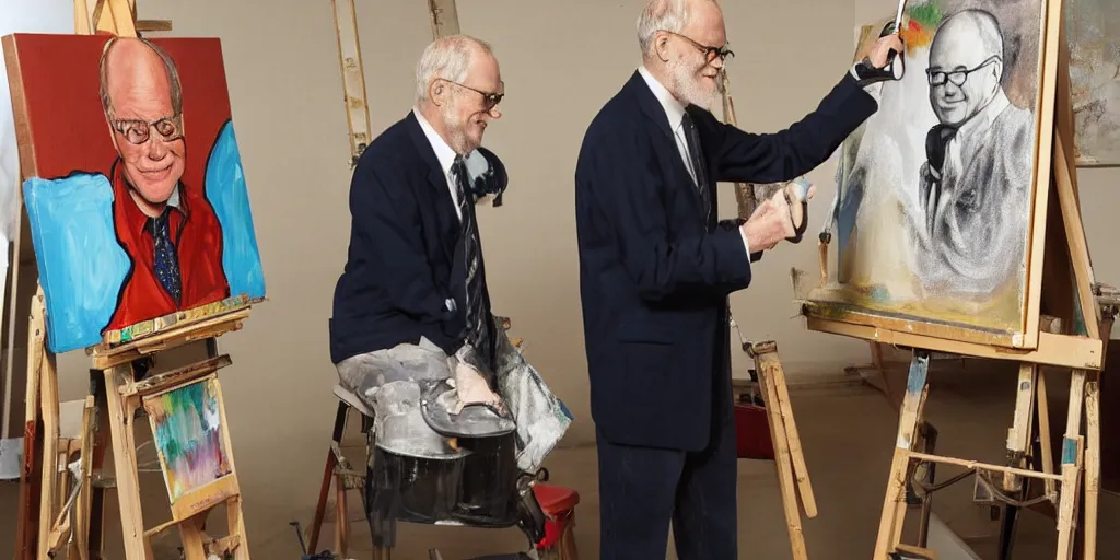 Image similar to david letterman, stands at a his easel, painting calvert grant deforest, aka larry bud melman