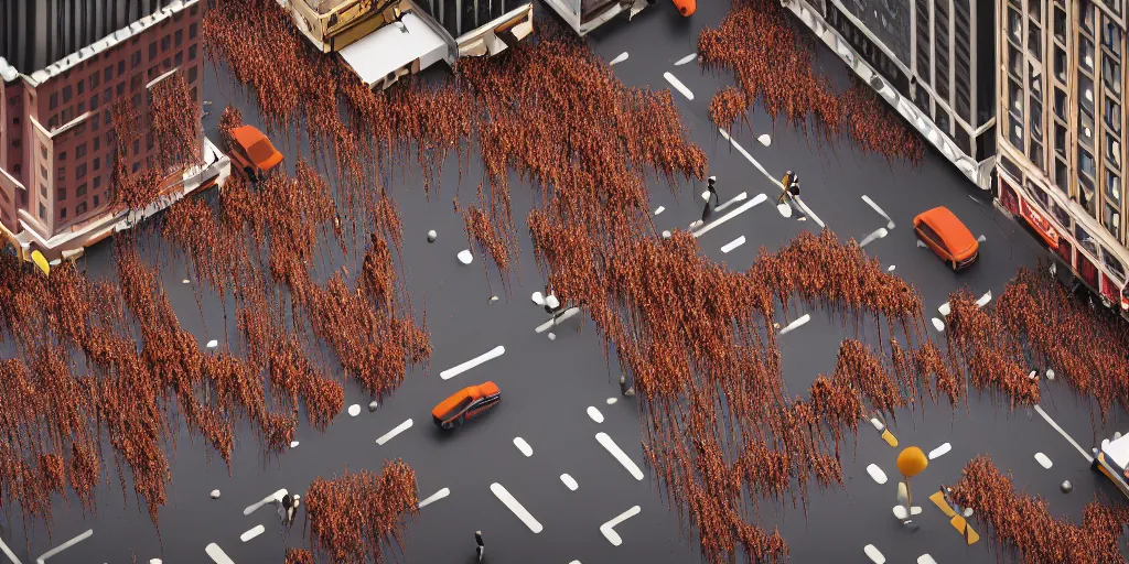 Prompt: a photograph of a sea of baked beans flowing like a river along the center of a new york street, a large panicking crowd are running towards the camera, by Claes Oldenburg, Tilt shift, pop art, 3D render, Volumetric dynamic lighting, Highly Detailed, Cinematic Lighting, Unreal Engine, 8k, HD