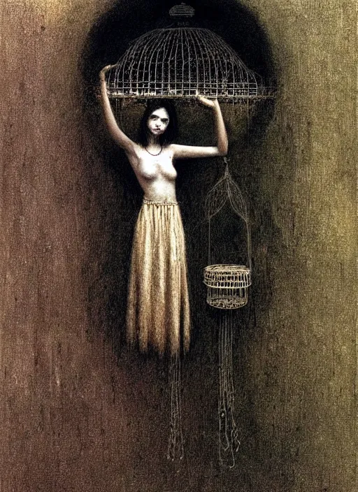 Image similar to girl inside birdcage by Beksinski