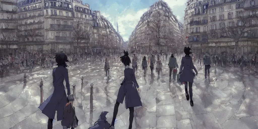 Image similar to gozilla walking through paris, by makoto shinkai an krenz cushart