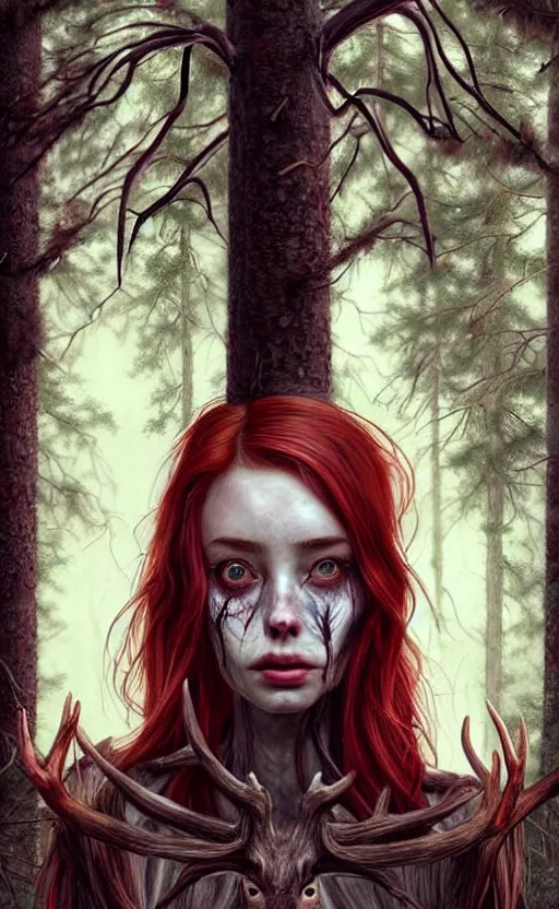 Image similar to surrounded by trees, realistic character concept, gorgeous Kacey Rohl, red hair, small freckles, Wendigo creature antlers deer skull face, symmetrical face, symmetrical eyes, full body, covered in blood, dark forest, trees, shorter neck, cinematic lighting, Joshua Middleton and artgerm, fear anxiety terror