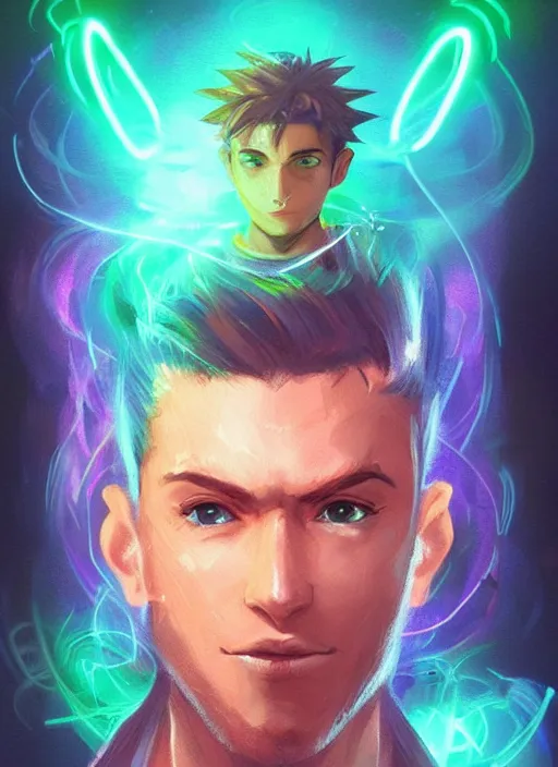 Prompt: character concept portrait of a handsome young wizard with olive skin and buzzed short spiky hairstyle casting a spell with apleasantly surprised expression. glowing runes in swirling neon light, an iridescent spell book hovering in mid-air. glowing magic dust swirling. intricate, elegant, digital painting, concept art, smooth, sharp focus, illustration, from Metal Gear, by Ruan Jia and Mandy Jurgens and Artgerm and William-Adolphe Bouguereau