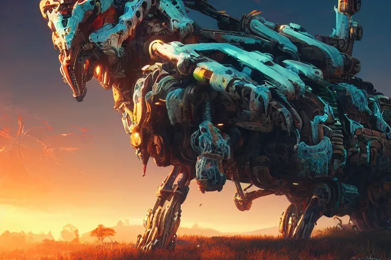 Image similar to snapmaw machine mecanical creature robot of horizon forbidden west horizon zero dawn radiating a glowing aura global illumination ray tracing hdr fanart arstation by ian pesty and alena aenami artworks in 4 k