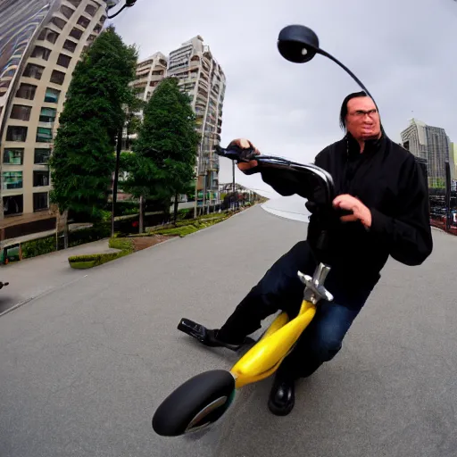 Prompt: Steven Seagal doing tricks on his razor scooter, fish-eye lens, fast shutter speed