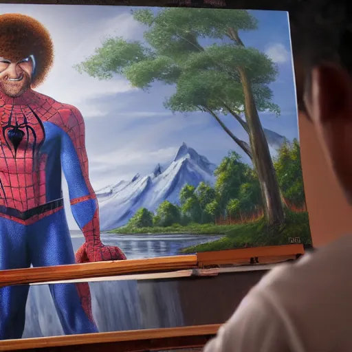 Image similar to a closeup photorealistic photograph of bob ross working on a canvas painting of spiderman. film still. brightly lit scene. mountains and trees. this 4 k hd image is trending on artstation, featured on behance, well - rendered, extra crisp, features intricate detail, epic composition and the style of unreal engine.