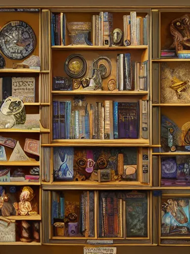 Prompt: a really messy shelf, full of different trinkets and books. intricate, elegant, highly detailed, digital painting, artstation, concept art, sharp focus, illustration, by justin gerard and artgerm, 8 k