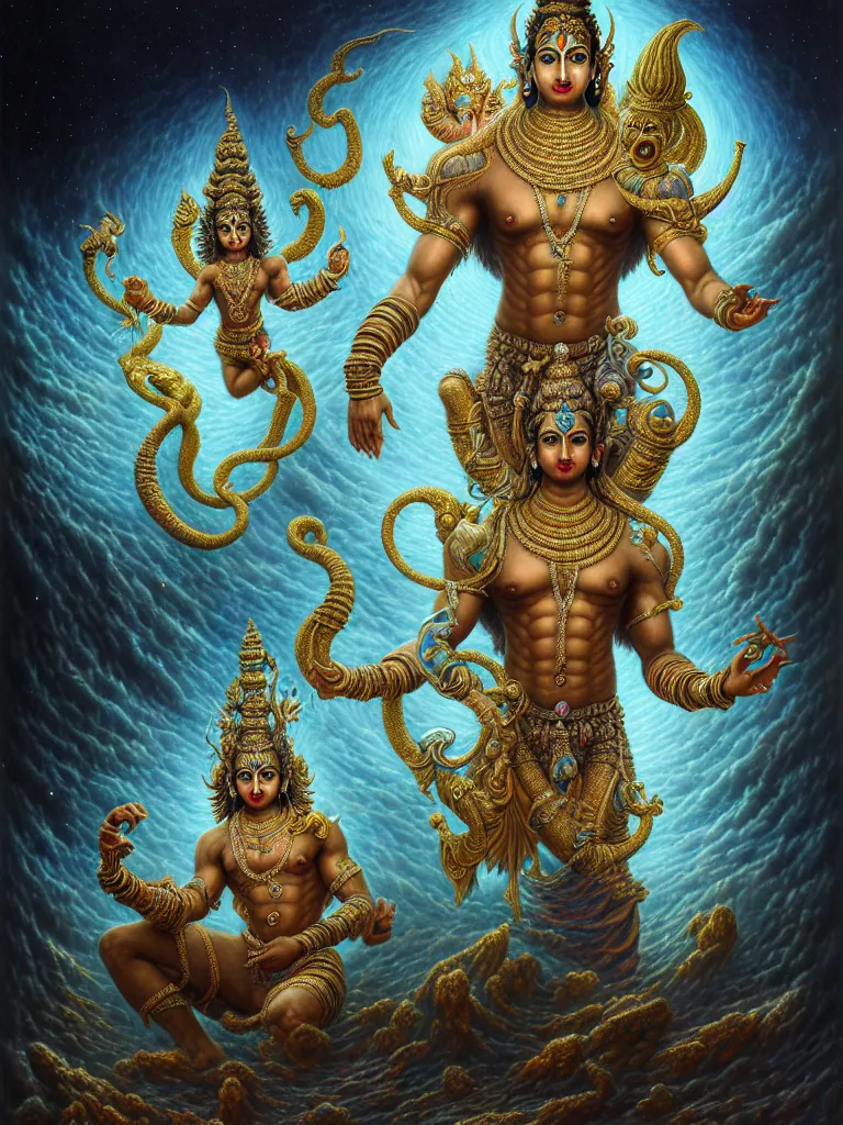 Image similar to lord vishnu, full body portrait, bodybuilder, birth of the universe, multiverse, realistic, hyperdimensional, bioluminescent, vivid color, intricate, elegant, highly detailed, centered, artstation, concept art, smooth, sharp focus, Tomasz Alen Kopera, Peter Mohrbacher, donato giancola, Joseph Christian Leyendecker, WLOP, Boris Vallejo, octane render, 8K